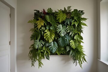 Frame of green leaf plants hang on the wall near window