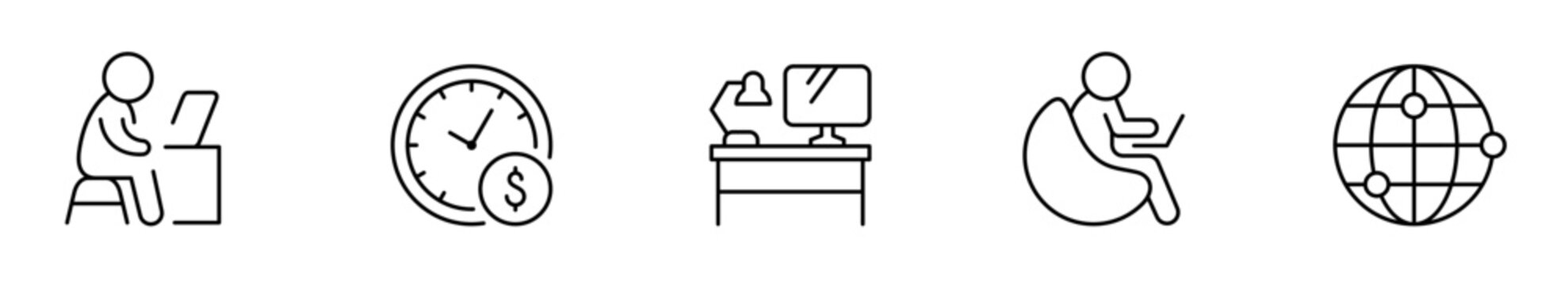 Work from home line icon set. Included icons as self quarantine, stay home, working, online, video conference, office and more.