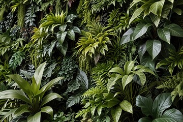 Wall of green leaf plants background