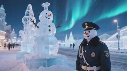Snowman and uniformed figure stand guard in an illuminated ice sculpture festival under the aurora borealis.