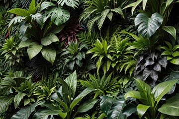 Wall of green leaf plants background