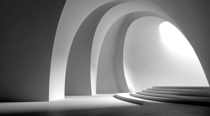 Abstract grayscale rendering of a minimalist, arched interior space with a subtle light source and a stairwell