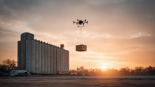 Drone lifting a cargo box over industrial silos at sunset, showcasing advanced technology in logistics and transportation, highlighting innovation in aerial delivery systems
