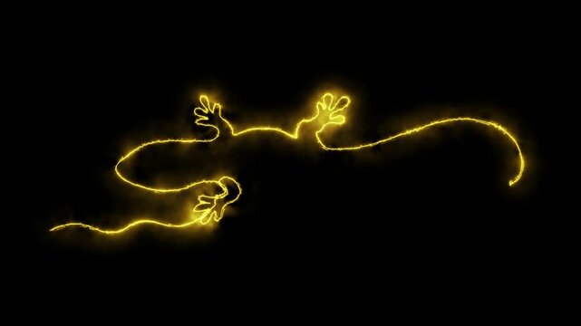 Abstract Lizard. Self drawing animation one continuous line draw, logo.  Blazing  flame, energy, fire on black background. neon yellow luminous sign