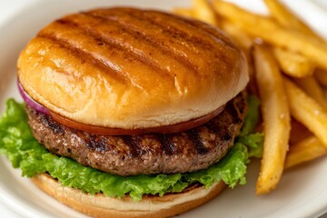 Delicious Gourmet Charbroiled Burger with Fresh Salad and Crispy Golden Fries on a Plate