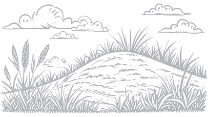 Grassy Hillside Scene with Clouds in Line Art