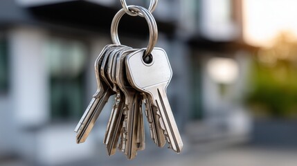 Close up of keys hanging from a metal ring represent security, access, and homeownership, with a blurred residential building in the background
