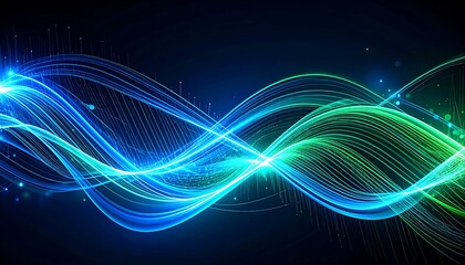 Abstract Blue and Green Light Waves on Dark Background for Technology and Digital Concept