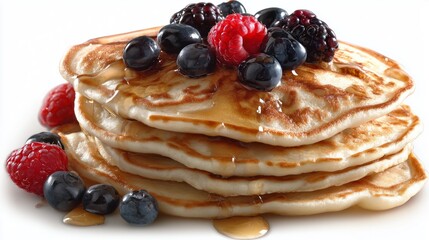 Delicious pancakes are topped with fresh blueberries, raspberries, and blackberries and dripping with golden syrup isolated on white background
