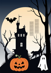 Haunted house and pumpkins on a spooky Halloween night with bats in the sky