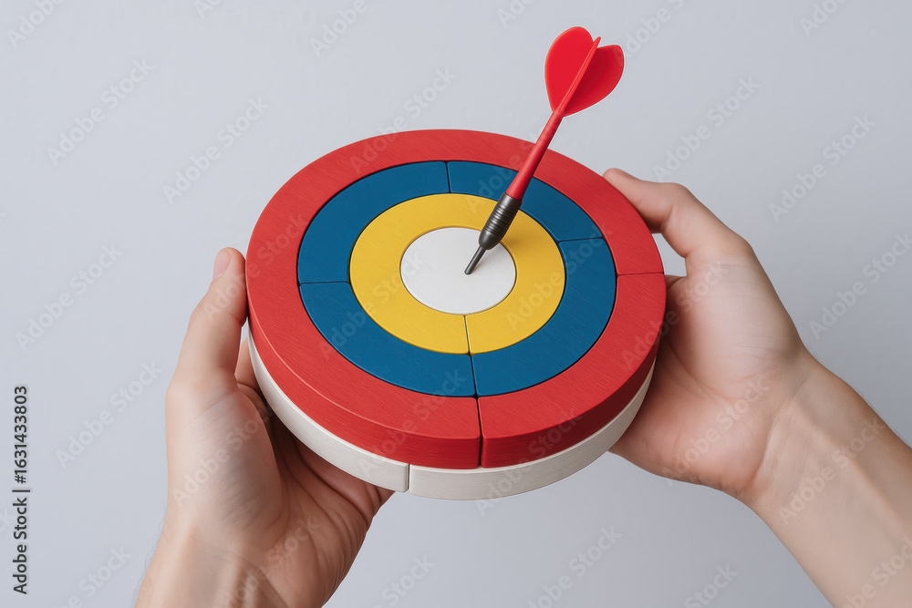 Poster agile hands hold target with dart in center symbolizing goal achievement in focused setting for succ