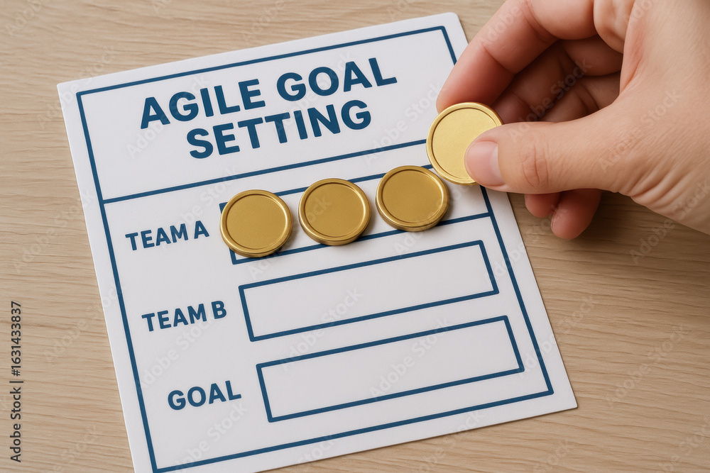 Aufkleber agile goal setting concept with hand placing gold tokens on board for team progress tracking in stra