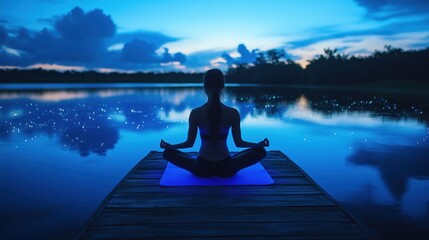 Blue hour yoga on dock, woman in lotus pose with bioluminescent plankton glowing in water