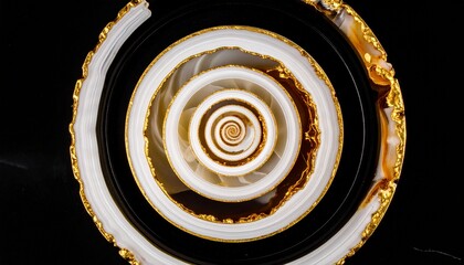 Dark onyx spiral edged in gold, pulsing outward in radiant waves