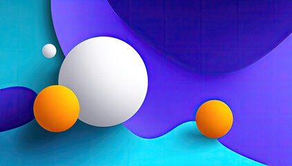 Abstract vibrant shapes in a mix of teal, purple, and blue, with white and orange circles