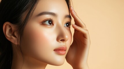 Close-up portrait of a woman with perfect skin.