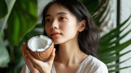 Young woman holding a half coconut.
