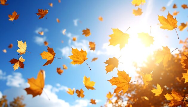 Bright sun shines on falling autumn leaves against a blue sky - Powered by Adobe