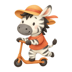 Fototapeta premium PNG Zebra riding orange scooter joyfully.
