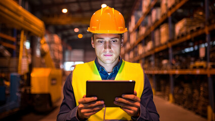 Warehouse worker using tablet technology for inventory management and logistics operations