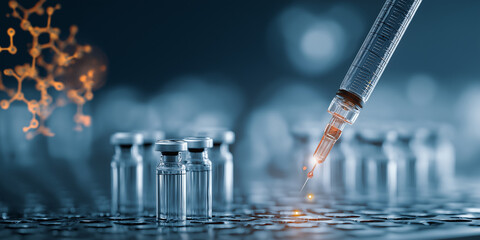 Syringe with glowing liquid is poised above vials, symbolizing advanced biotechnology and vaccine development. background features molecular structures, highlighting innovation in medical research