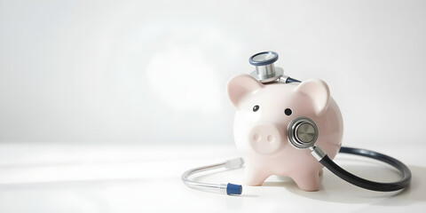 A piggy bank with a stethoscope on white table, symbolizing health savings, bright light, clean background.