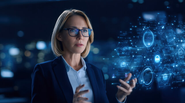 A businesswoman interacts with digital technology, showcasing holographic data in a modern, tech-savvy environment. - Powered by Adobe