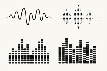 Audio waves vector set. Music sound waveform, digital soundwave pulse, and equalizer bars. Black illustration graphic symbols for spectrum, frequency, and voice concepts.