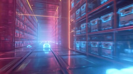 Futuristic neon-lit warehouse with glowing cars navigating through high-tech shelving units - Powered by Adobe