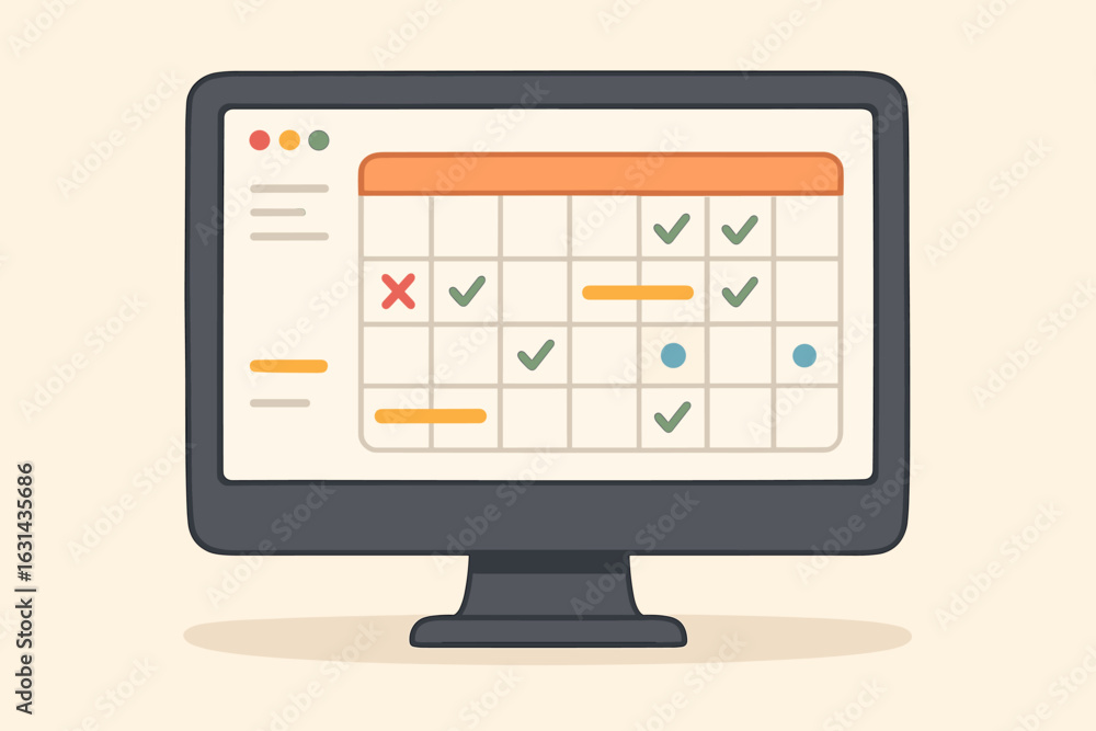 Poster computer screen with calendar planner for time management and scheduling. business organization conc