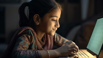 Girl engages in focused study at home, concentrating on lessons displayed on the computer. The cozy indoor environment provides a sense of warmth and productivity