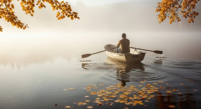 Golden Solitude: A Lone Rower Glides Across a Misty Autumn Lake - Powered by Adobe