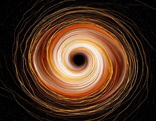 A black spiral void framed by fine lines of molten gold, radiating gently