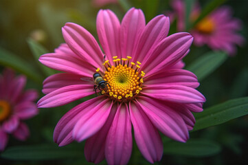 Fototapeta premium A close up of a pink flower with a bee on it.