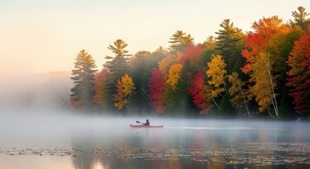Solitary Red Kayak Gliding on a Misty Lake Amidst Fiery Autumn Foliage