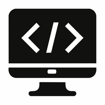 A black and white computer monitor displaying coding symbols.