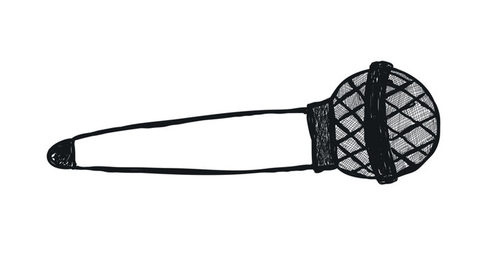 Hand drawn punk rock doodle. Musical microphone. Tattoo crayon sketch, grafitti icon, mic, sticker, scribble for poster, disco party, retro podcast. Grunge music element. Isolated vector illustration.