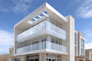 Fototapeta premium Modern urban structure featuring contemporary three story design with glass balconies and sleek facade, exuding elegance and sophistication