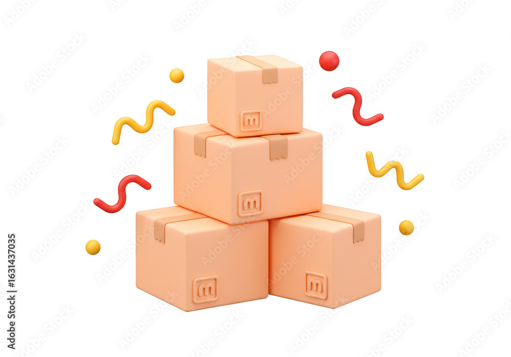 Poster stack of cardboard boxes with festive confetti, isolated on transparent background