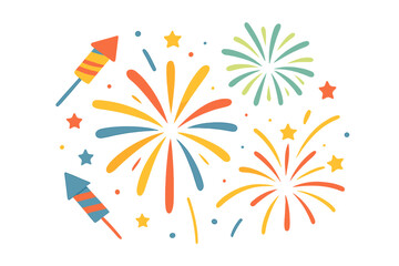 Fireworks set for celebration background. Festive flat cartoon firecracker, rocket, and sparkle burst. Holiday party vector for New Year, 4th of July, or birthday event.