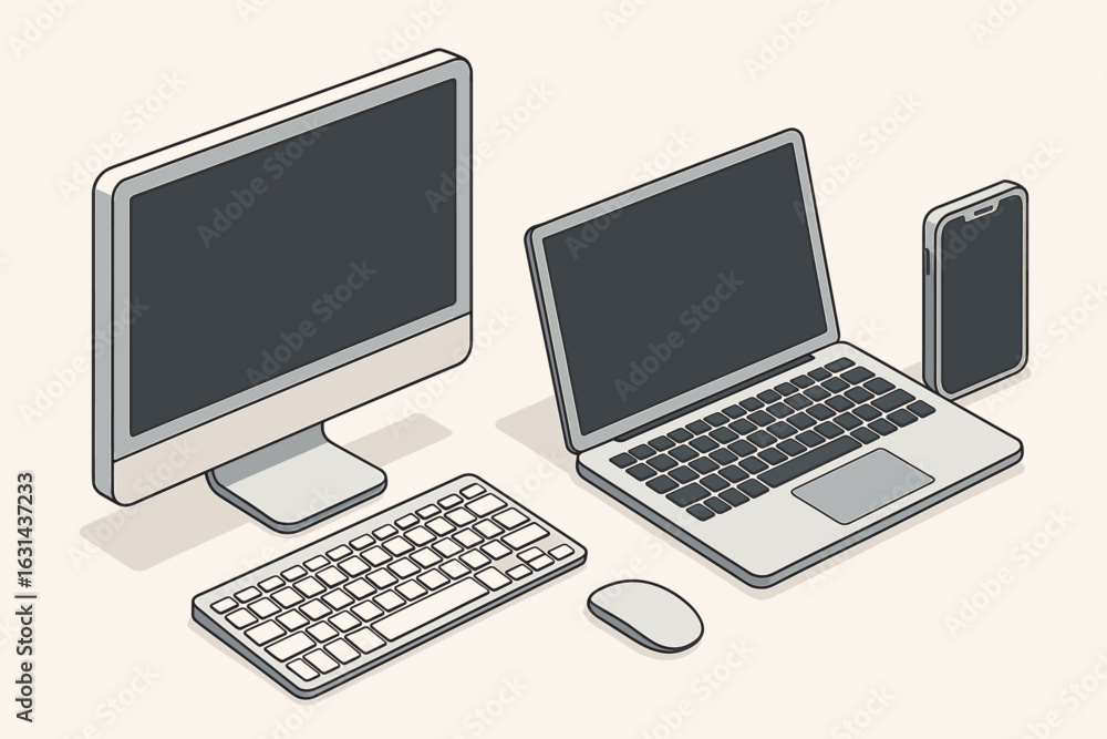 Poster isometric computer device mockup set for responsive web design. vector illustration of desktop pc, l