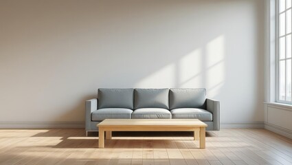 Light-filled living room with a gray sofa and wooden coffee table.