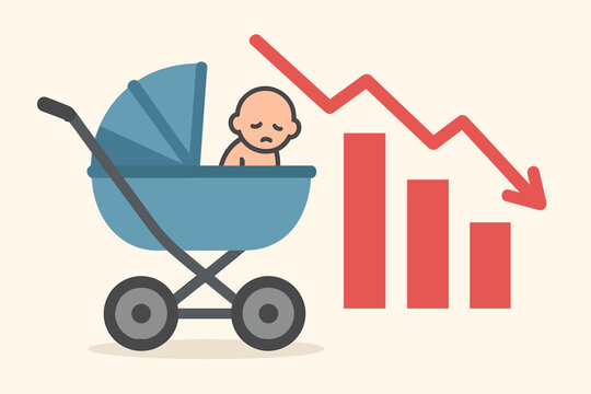 Low birth rate concept with sad baby in a stroller and falling graph. Low fertility rates and fewer babies being born. Demographic crisis and population decline chart.