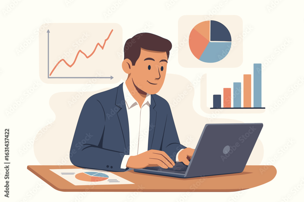 Poster man analysing data on computer. financial analyst with business charts, graphs, diagrams. concept of