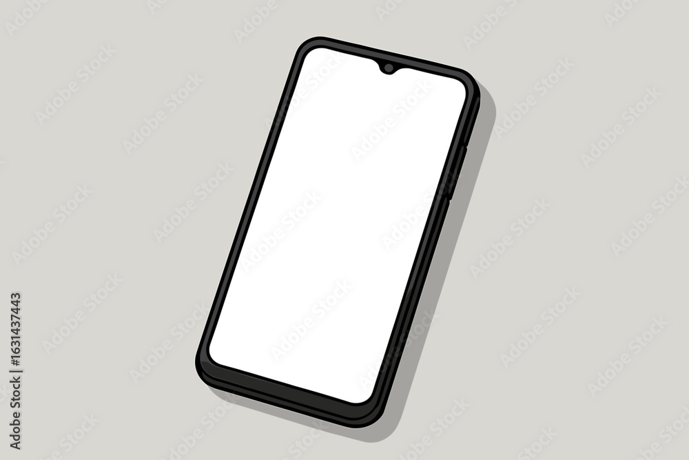 Poster Mobile phone mockup with blank white screen for presentation. Smartphone template vector illustration. Flat lay cellphone on grey background with shadow for app ui/ux design.