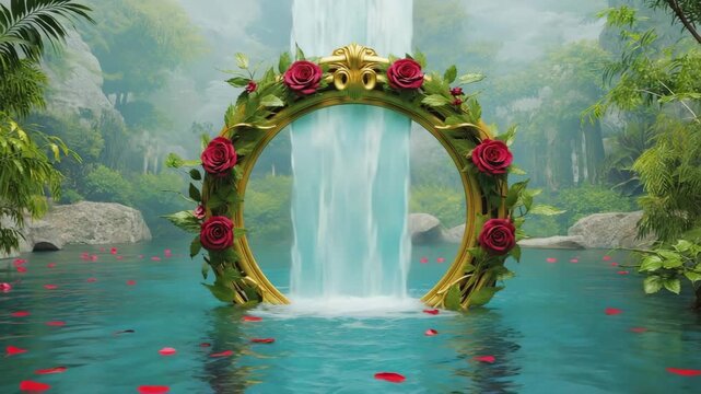 Waterfall surrounded by a golden rose arch in a lush forest setting reveals tranquility and beauty