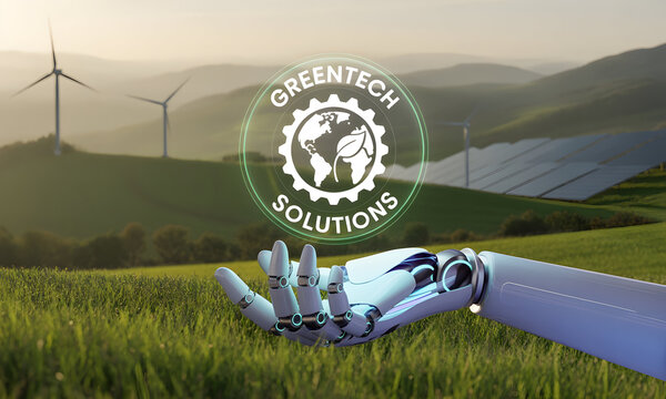 Futuristic robot hand offers green energy solutions with wind turbines and solar panels in serene landscape, symbolizing sustainable technology advancement and eco-friendly innovation.