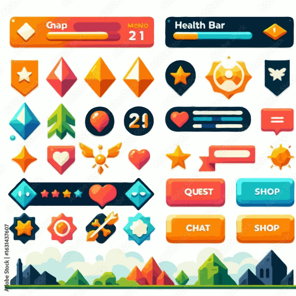 Poster a set of rpg ui elements on a white background