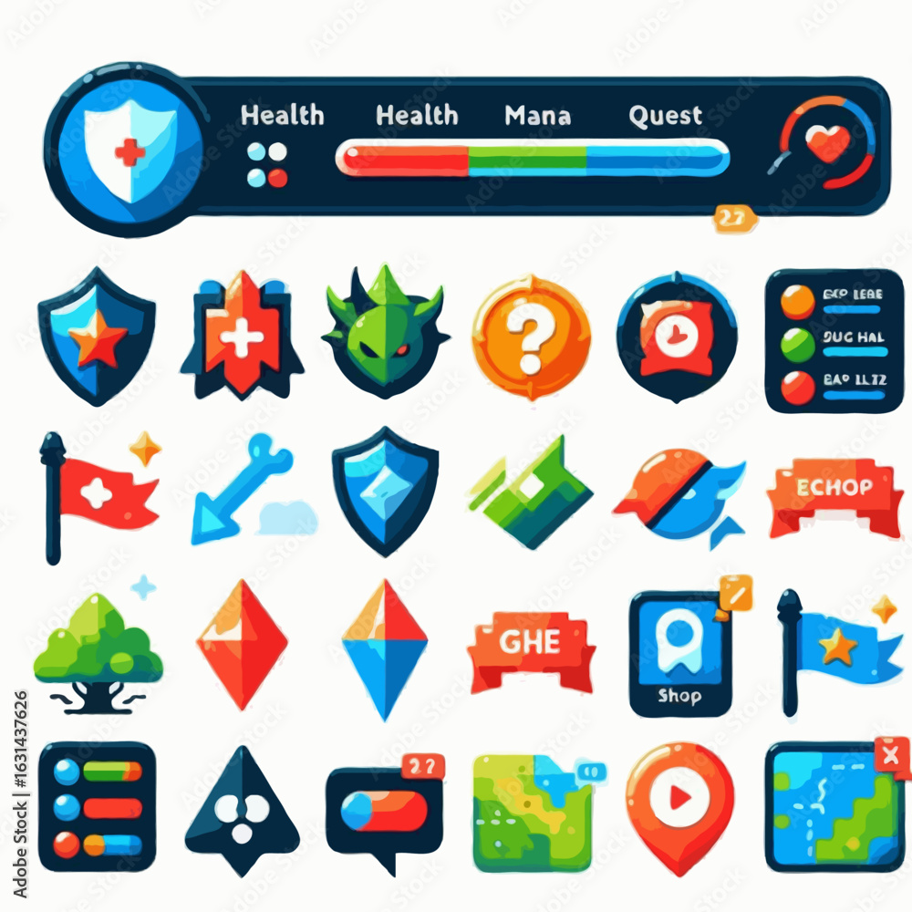 Poster a set of rpg ui elements on a white background