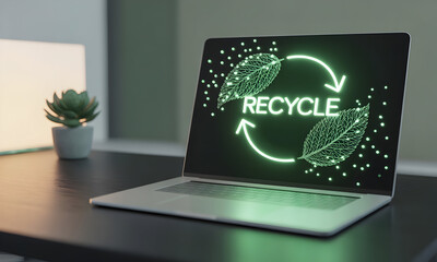 Fototapeta premium Modern laptop displaying vibrant neon green recycle symbol with leaves and particles, perfect for eco-friendly business concepts and sustainability campaigns.